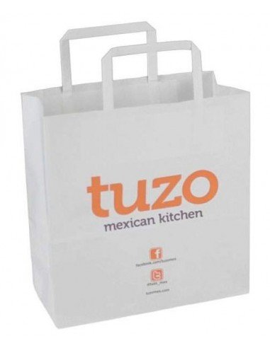 Balti KRAFT popieriniai maišeliai su plokščiomis rankenomis