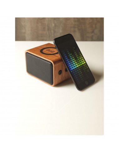 Wooden speaker with wireless charging pad