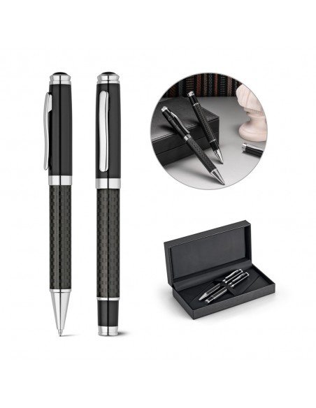 CHESS. Roller pen and ball pen set in metal and carbon fibre