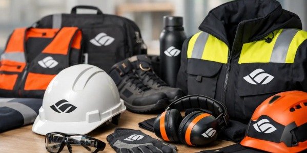 Darbo saugos priemonės su logotipu verslui
